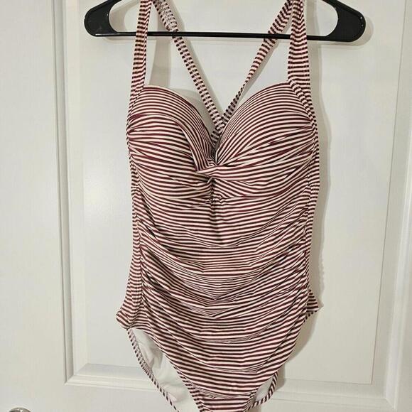 Nip Tuck Swimsuit 12 One Piece Striped Burgundy Red. Slimming Vacation Modest - Picture 1 of 8